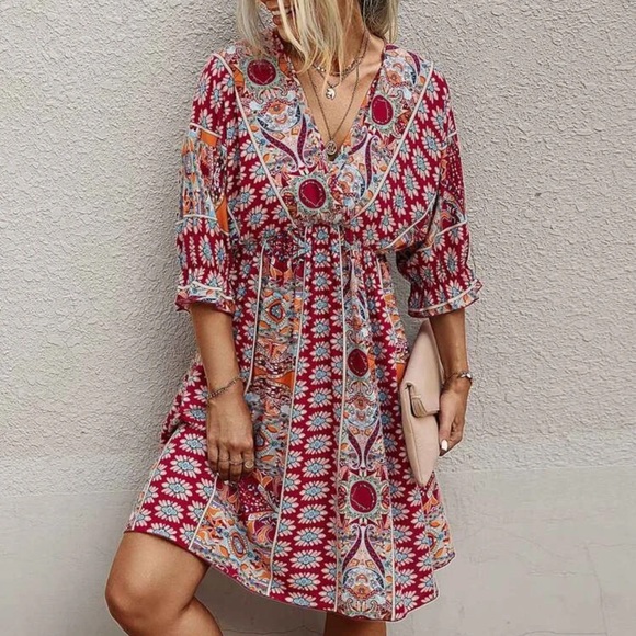 Paisley boho gypsy print dress 3/4 sleeve v neck - Picture 7 of 10